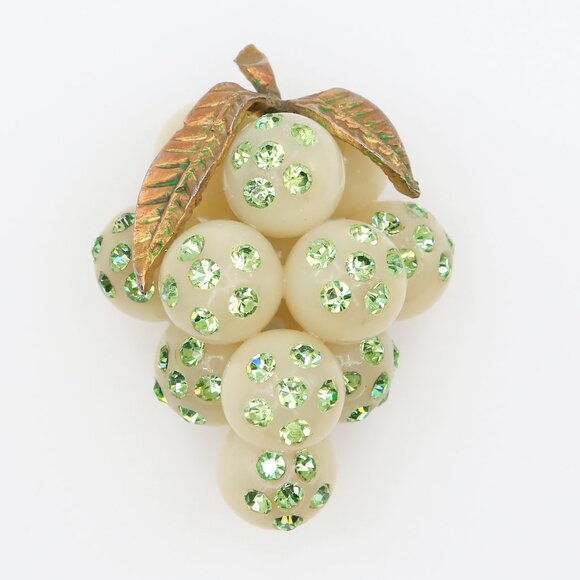 Vintage Forbidden Fruit Grapes Cluster Brooch With UV Glow Rhinestones 1950s - Picture 1 of 4
